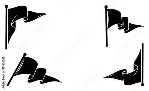 Set of black pennant flags and banners waving on poles for sports decoration