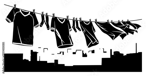 Silhouette of football jerseys hanging on a clothesline above a city skyline
