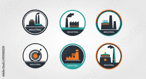 Set of industrial factory icons in a circular design.