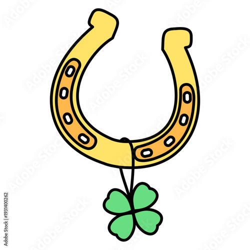 Horseshoe with Clover cartoon style illustration