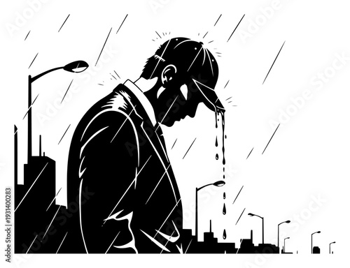 Silhouette of a sad man wearing a cap standing in the rain after a defeat