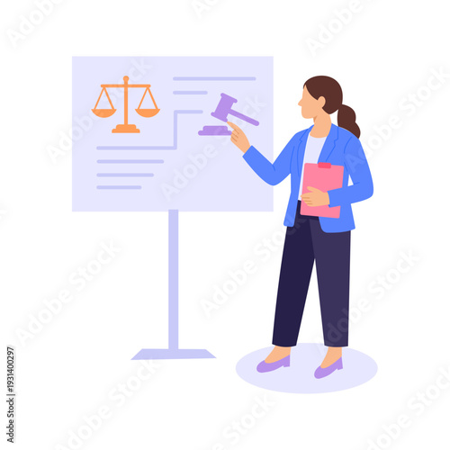 Courtroom Presentations, presenting arguments confidently before judge, Flat vector character illustration