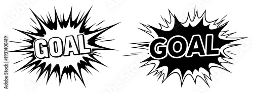 Comic book style goal text bursts for football celebration and match scoring