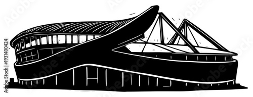 Silhouette of a modern sports stadium building architecture with curved roof design