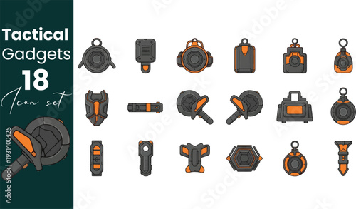 Tactical Gadgets and Military Equipment Icon Set in Black and Orange