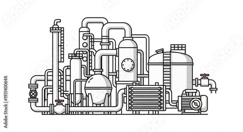 Industrial factory complex with pipes and tanks illustration.