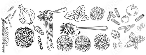 Pasta and Noodle Hand Drawn Doodle Set – Italian Food Sketch Collection, Spaghetti Macaroni Vector.