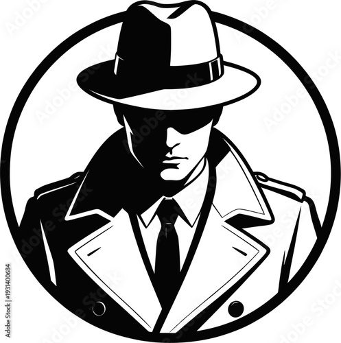 Iconic Noir Detective Bold Silhouette Fedora Trench Coat Necktie in Striking Black Circular Emblem Logo Vector Design