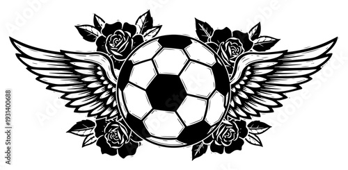 Vintage tattoo style emblem of a soccer ball with wings and roses