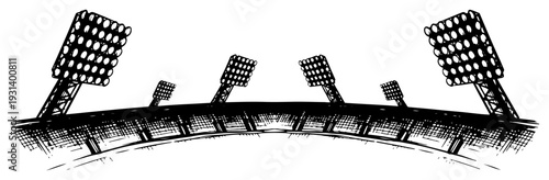 Hand drawn sketch of soccer stadium floodlights over the empty arena stands