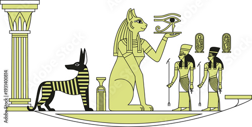 Ancient Egyptian Mythology Vector Illustration Featuring Bastet Cat Goddess Anubis Pharaonic Figures and Eye of Horus Symbols on Boat Isolated on White Background for History