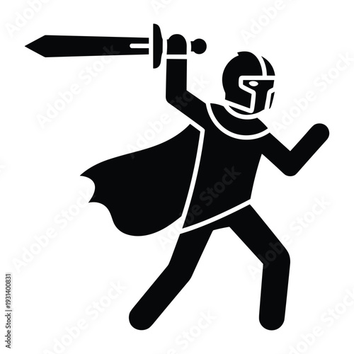 Medieval knight warrior silhouette wearing helmet and cape holding sword in attacking pose for game icon design