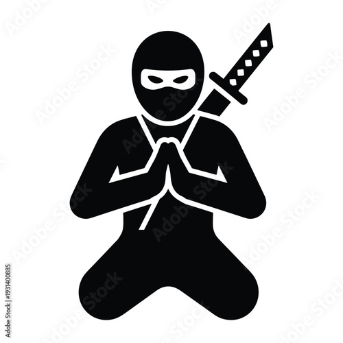 Ninja warrior silhouette kneeling in meditation with katana sword on back for martial arts and combat sports