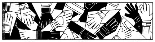Horizontal banner featuring many goalkeeper hands wearing protective gloves