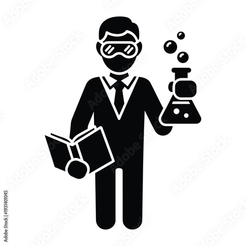 Scientist chemist researcher icon holding laboratory flask and book wearing safety goggles for education science and medical research