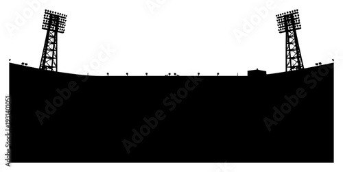 Panoramic silhouette of a sports stadium with high floodlight towers