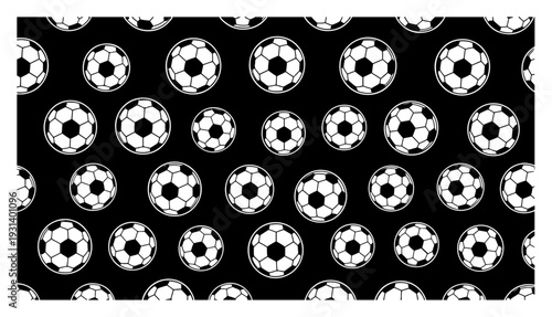 Seamless pattern with white soccer balls on a dark background for sports textiles