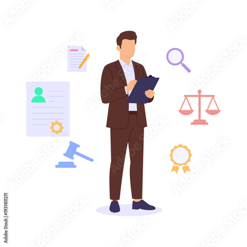Drafting Legal Notice, composing formal legal notification documents, Flat vector character illustration
