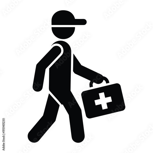 Medical professional or first responder walking while carrying a first aid kit box silhouette icon graphic illustration