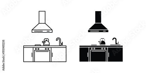 Kitchen Appliance Set Modern Line Art Black White Commercial Graphics