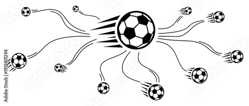 Graphic illustration of soccer balls with dynamic motion trails indicating speed and movement