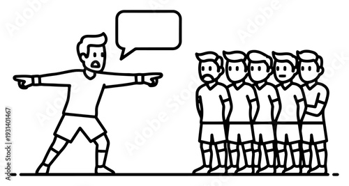Soccer coach shouting and giving instructions to players during a match