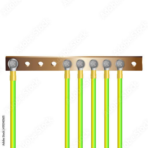 Realistic vector illustration of a copper grounding busbar with connected yellow-green earth wires. Concept of electrical grounding, safety, and power installation.
