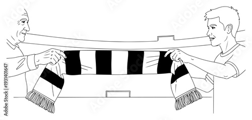 Two soccer fans holding a striped scarf together at the stadium