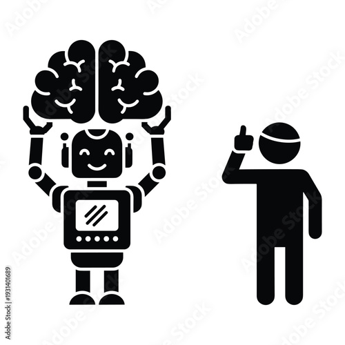 Robot holding human brain next to person thinking about artificial intelligence and machine learning technology concept illustration
