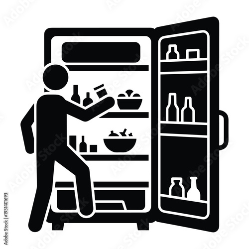 Person reaching into open refrigerator full of food and drinks silhouette icon for kitchen appliance home lifestyle