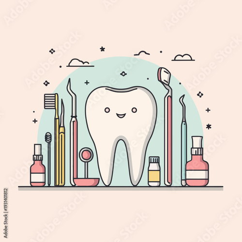 Happy Tooth With Dental Care Tools