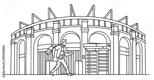 Soccer fan with a scarf entering a large stadium through a turnstile gate