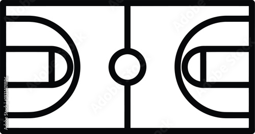 Black and white minimalist line icon showing the top down view of a standard basketball court.