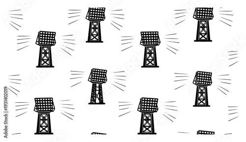 Seamless pattern of hand drawn stadium floodlight towers on white background