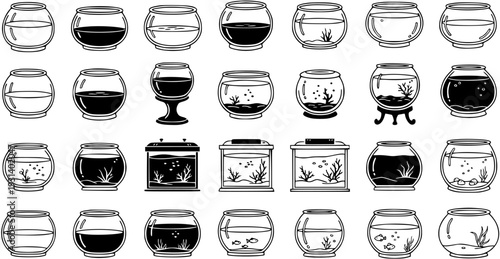 Diverse Fishbowl and Aquarium Icons: A Black and White Vector Set