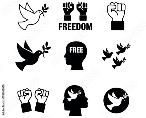 Peace and Freedom Icon Set with Dove Bird Clenched Fist and Human Rights Symbols Vector Illustration.