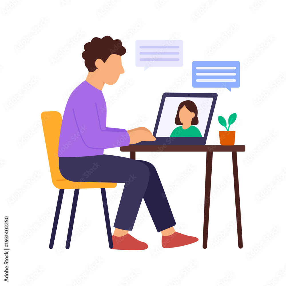 Fototapeta premium Talking Online, discussing design projects virtually, Flat vector character illustration