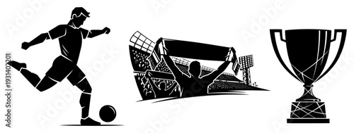 Collection of three soccer icons including a player kicking a ball a cheering fan and a trophy