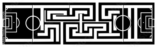 Creative horizontal banner showing a soccer field layout transforming into a complex geometric maze pattern