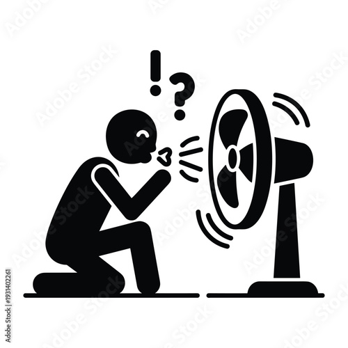 Man kneeling in front of electric fan cooling down during hot summer weather heatwave stick figure icon vector