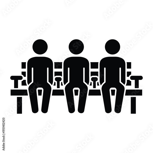 Three people sitting on a public bench icon representing waiting room seating area or park rest station