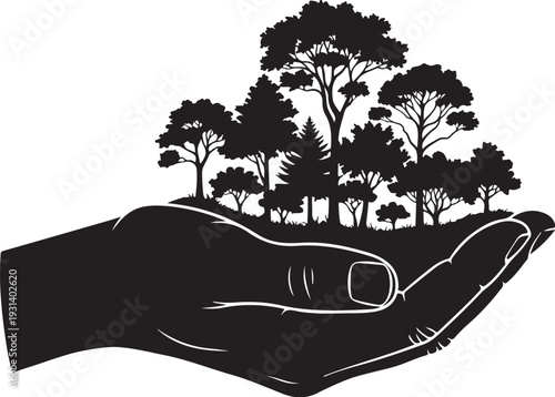 Hand holding a forest with trees and nature reserve