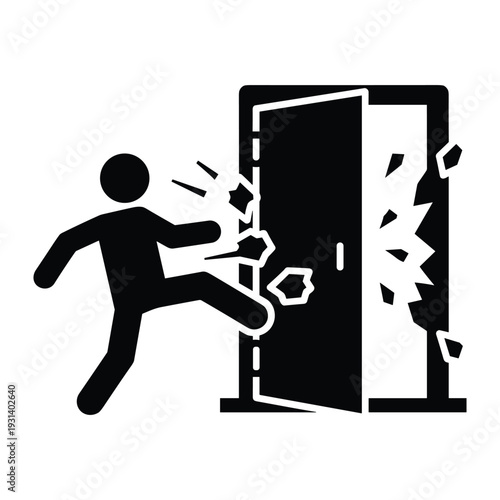 Stick figure man kicking down wooden door with force causing it to break and shatter into fragments