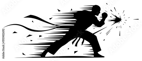 Dynamic martial arts fighter silhouette punching with speed lines and power impact