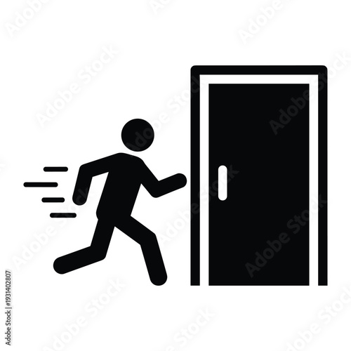 Black silhouette of a person running fast towards an open door representing an emergency exit or escape