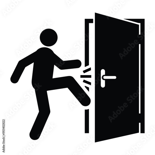 Person kicking open door icon silhouette representing forced entry emergency exit breaking in police raid action symbol