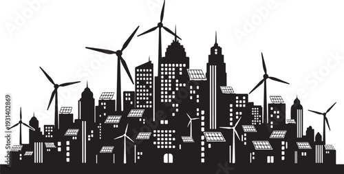 City skyline with wind turbines and modern buildings silhouette
