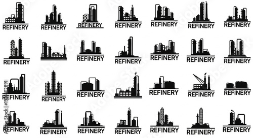 Collection of Industrial Refinery Silhouettes Vector Art.