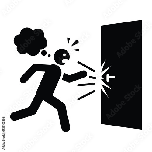Stick figure man running fast and hitting a solid black wall with impact lines showing accident collision shock