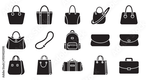 Collection of modern handbag and luggage icons in black